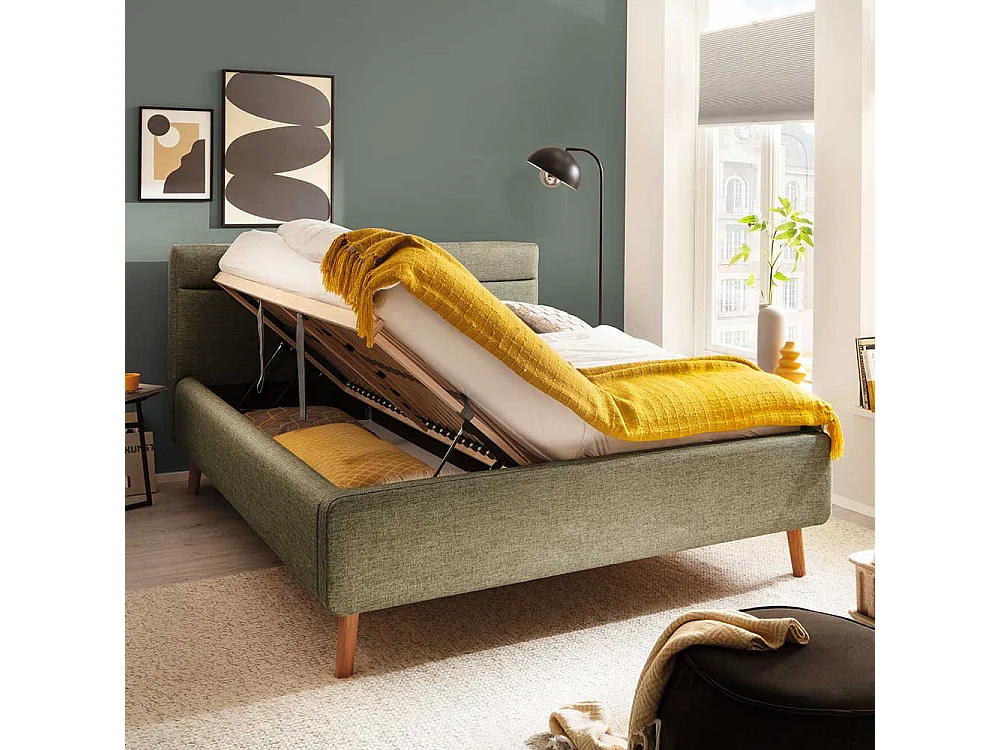 Skandi Polster Doppelbett in Grün Vierfußgestell aus Eiche