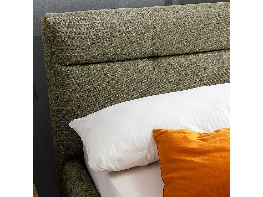 Skandi Polster Doppelbett in Grün Vierfußgestell aus Eiche