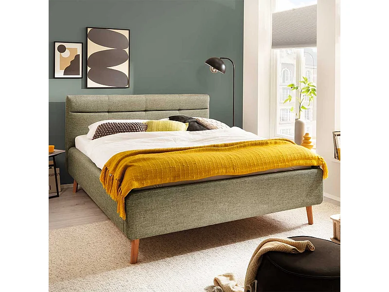 Skandi Polster Doppelbett in Grün Vierfußgestell aus Eiche