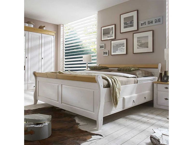 Doppelbett in Weiß Kiefer teilmassiv