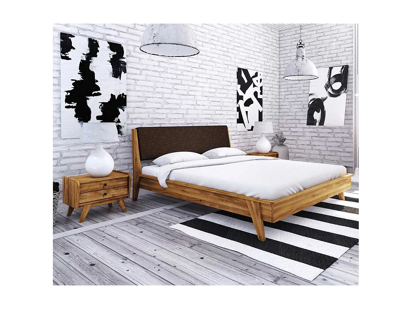Flaches Bett aus Wildeiche Massivholz gepolstertem Kopfteil in Dunkelbraun (dreiteilig)