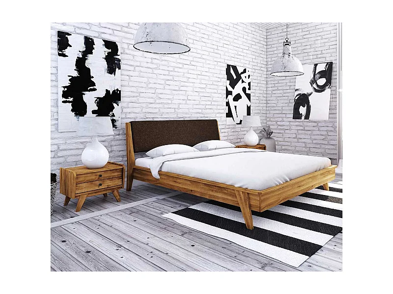 Flaches Bett aus Wildeiche Massivholz gepolstertem Kopfteil in Dunkelbraun (dreiteilig)