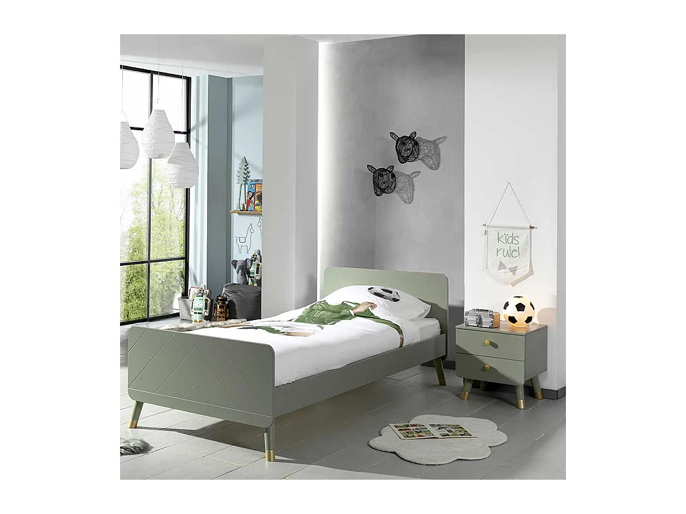 Jugendzimmerbett in Graugrün und Goldfarben Nachtkonsole (zweiteilig)