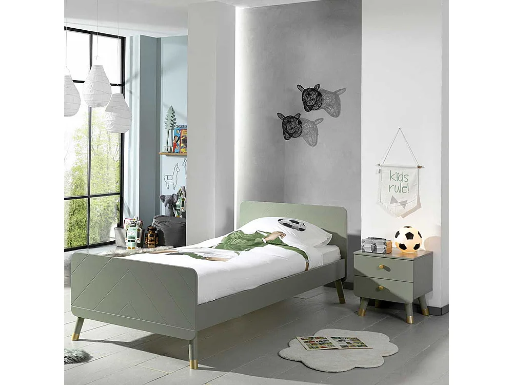 Jugendzimmerbett in Graugrün und Goldfarben Nachtkonsole (zweiteilig)