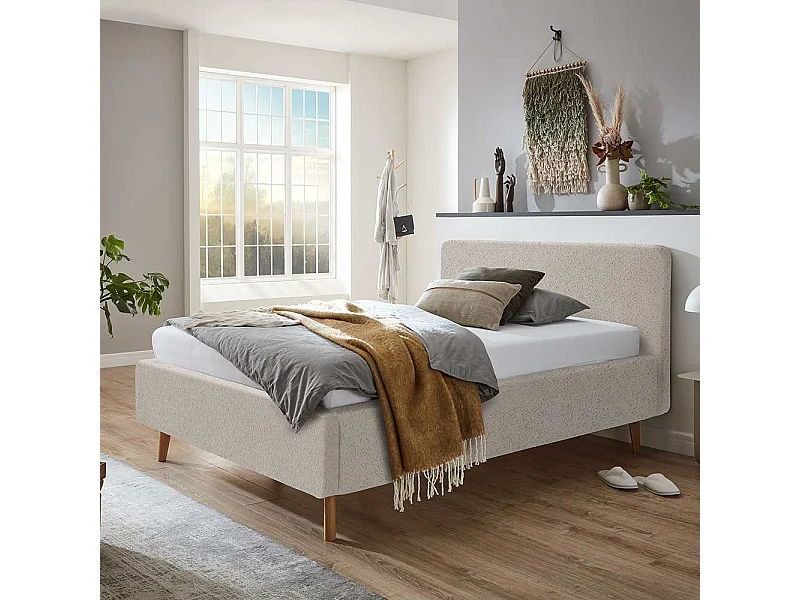 Stoffbett mit Lattenrost in Beige und Eiche inklusive Bettkasten