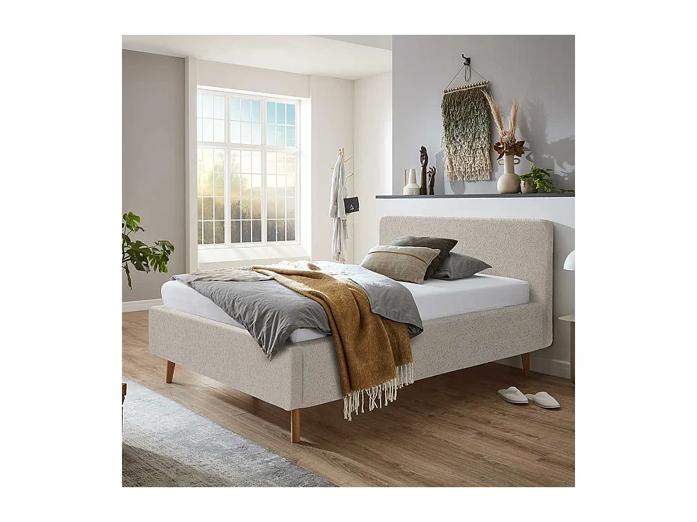 Stoffbett mit Lattenrost in Beige und Eiche inklusive Bettkasten