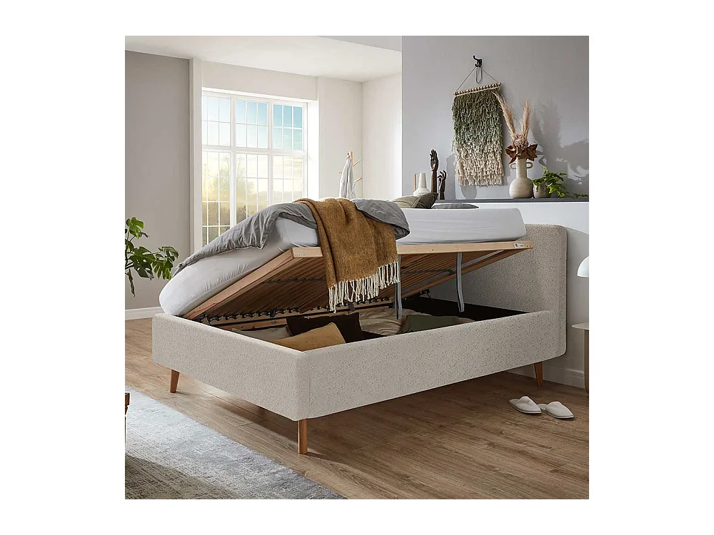 Stoffbett mit Lattenrost in Beige und Eiche inklusive Bettkasten