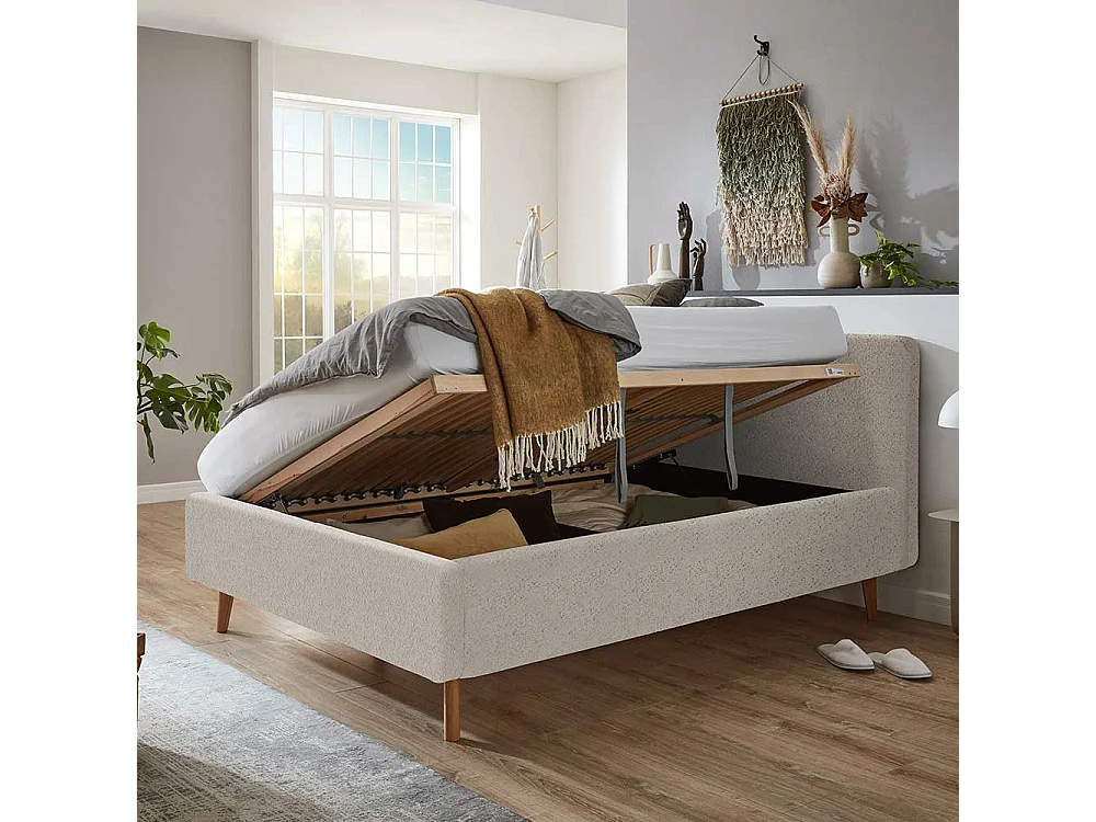 Stoffbett mit Lattenrost in Beige und Eiche inklusive Bettkasten
