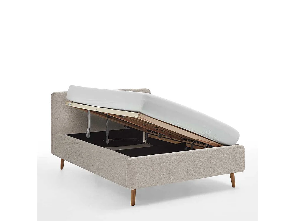 Stoffbett mit Lattenrost in Beige und Eiche inklusive Bettkasten