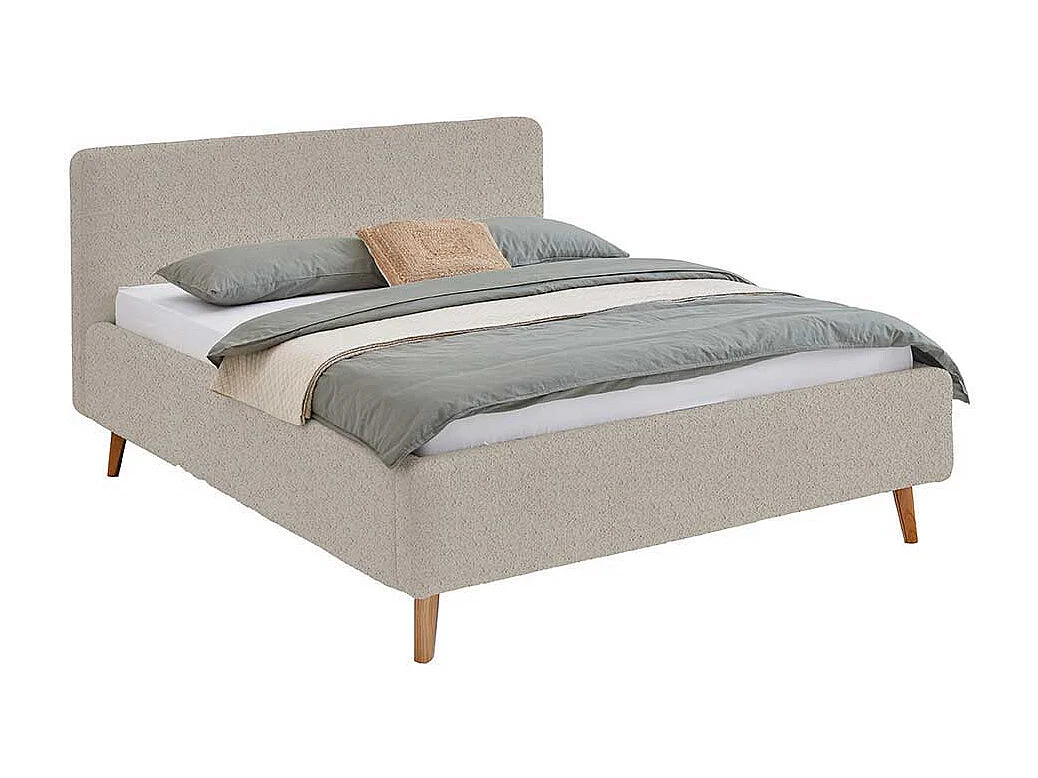 Stoffbett mit Lattenrost in Beige und Eiche inklusive Bettkasten