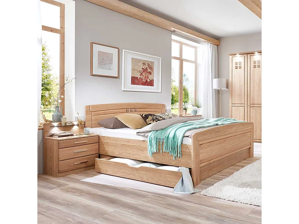 Ehebett aus Eiche teilmassiv LED Beleuchtung (dreiteilig)