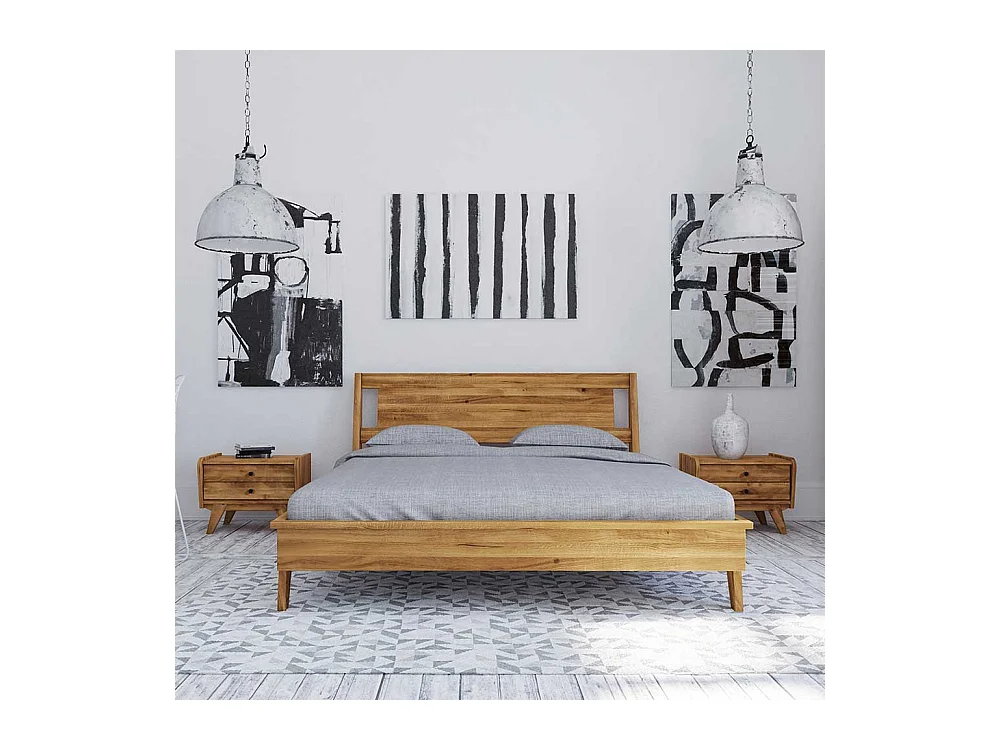 Doppelbett aus Wildeiche Massivholz Retrostil (dreiteilig)