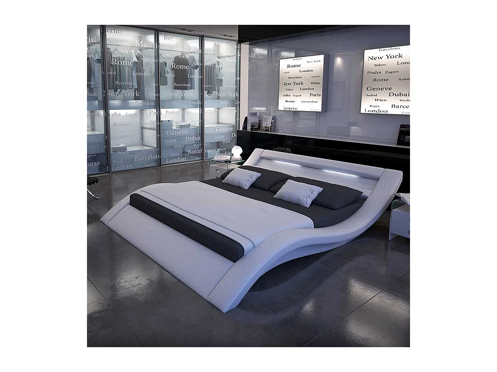 Geschwungenes Polsterbett in Weiß Kunstleder LED Beleuchtung