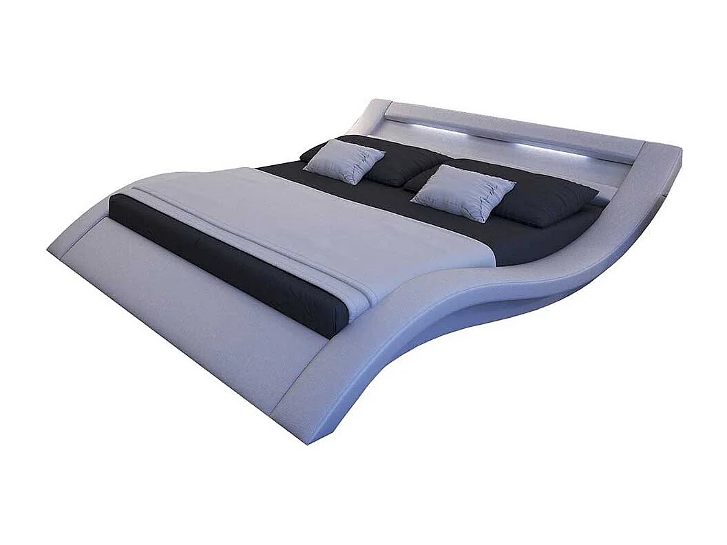 Geschwungenes Polsterbett in Weiß Kunstleder LED Beleuchtung