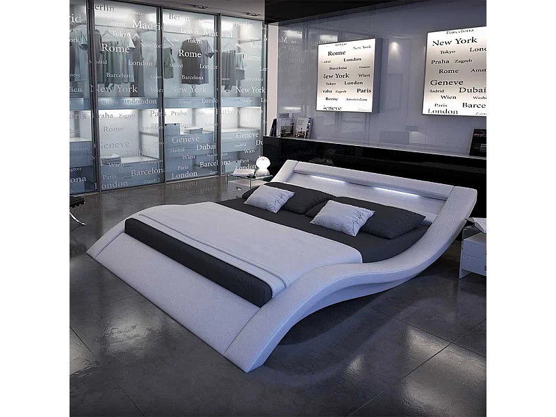 Geschwungenes Polsterbett in Weiß Kunstleder LED Beleuchtung