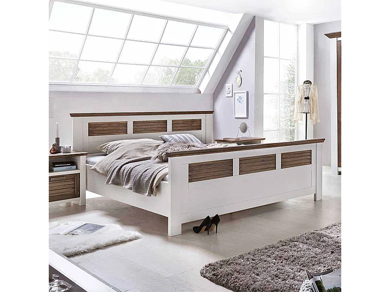 Bett in Weiß Braun Kiefer