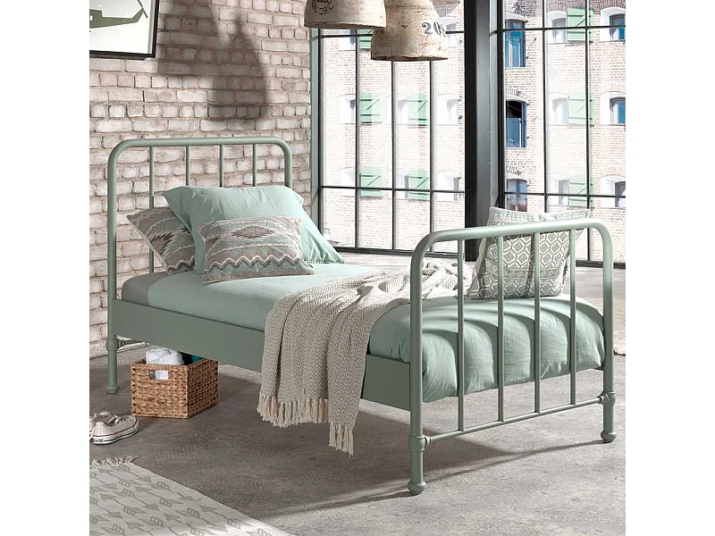 Retro Bettgestell aus Eisen Graugrün pulverbeschichtet