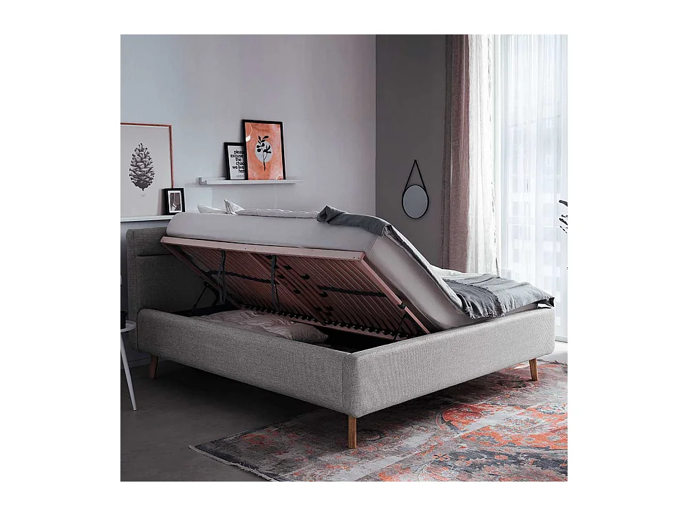Polsterbett Grau Stoff mit Bettkasten Vierfußgestell aus Eiche