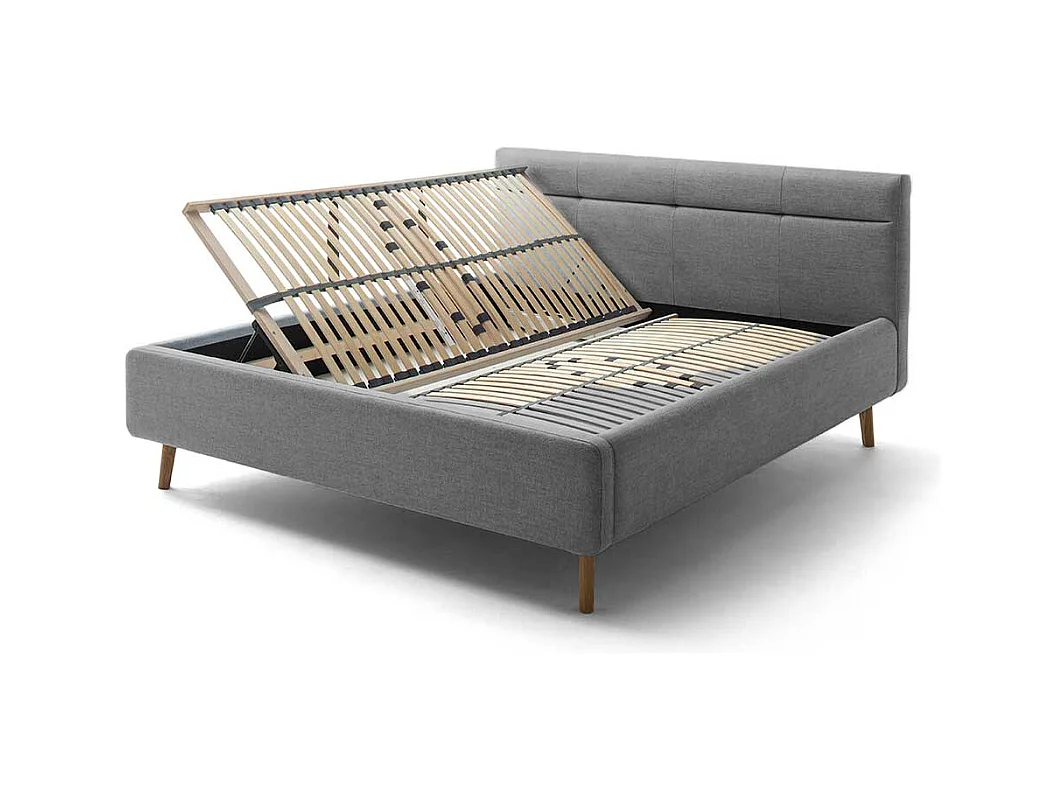 Polsterbett Grau Stoff mit Bettkasten Vierfußgestell aus Eiche