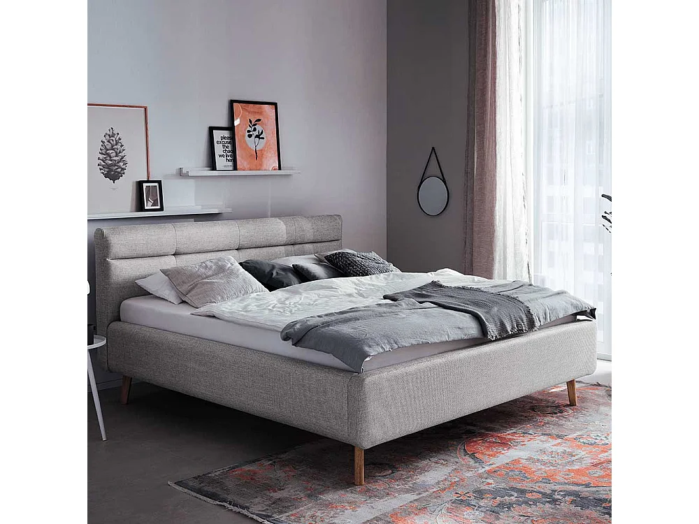 Polsterbett Grau Stoff mit Bettkasten Vierfußgestell aus Eiche