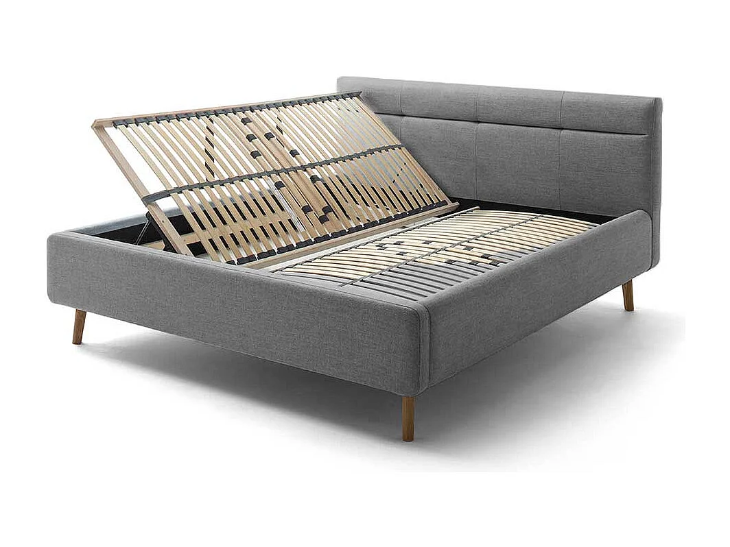 Polsterbett Grau Stoff mit Bettkasten Vierfußgestell aus Eiche