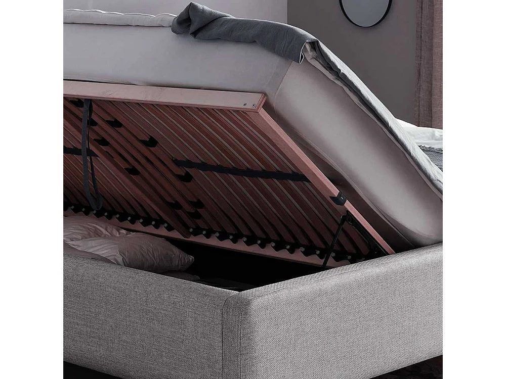 Polsterbett Grau Stoff mit Bettkasten Vierfußgestell aus Eiche