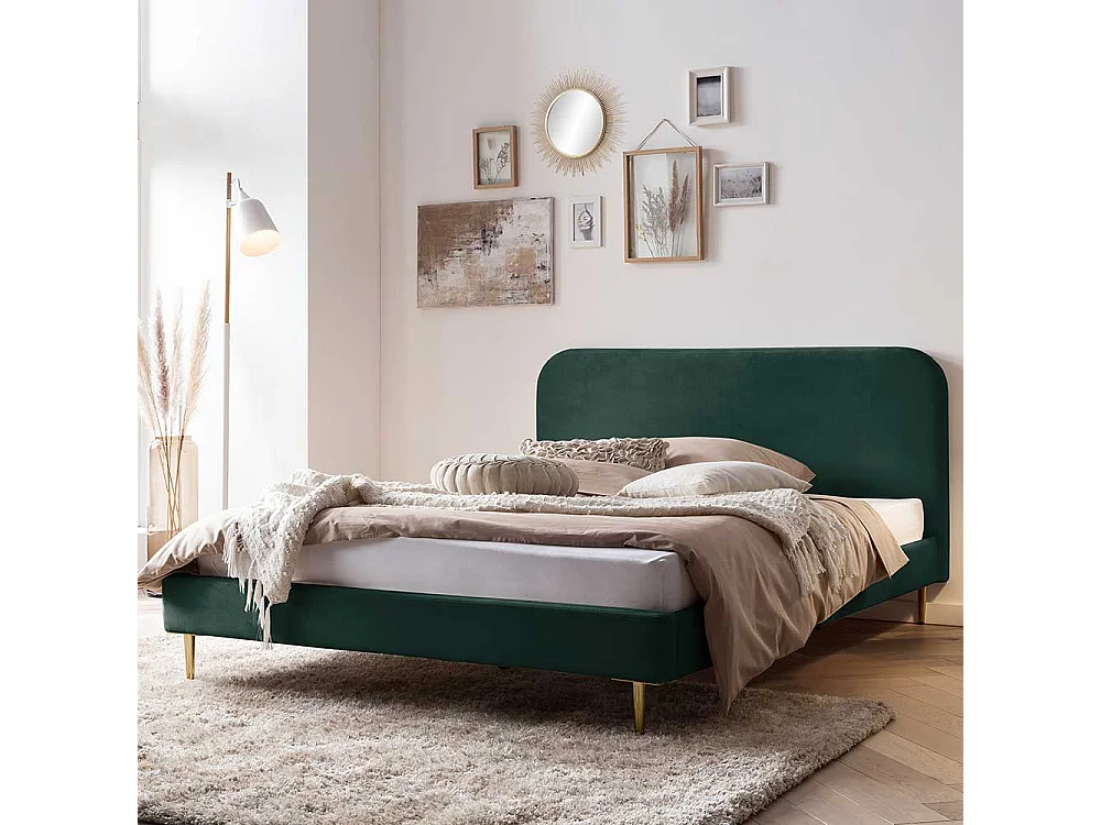 Niedriges Bettgestell mit Samt Bezug Dunkelgrün