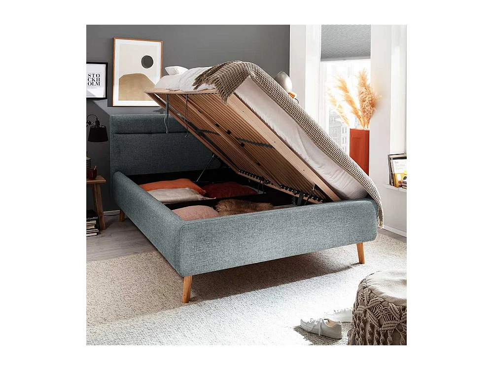 Polster Stoffbett Hellblau im Skandi Design Liegefläche 140x200 cm