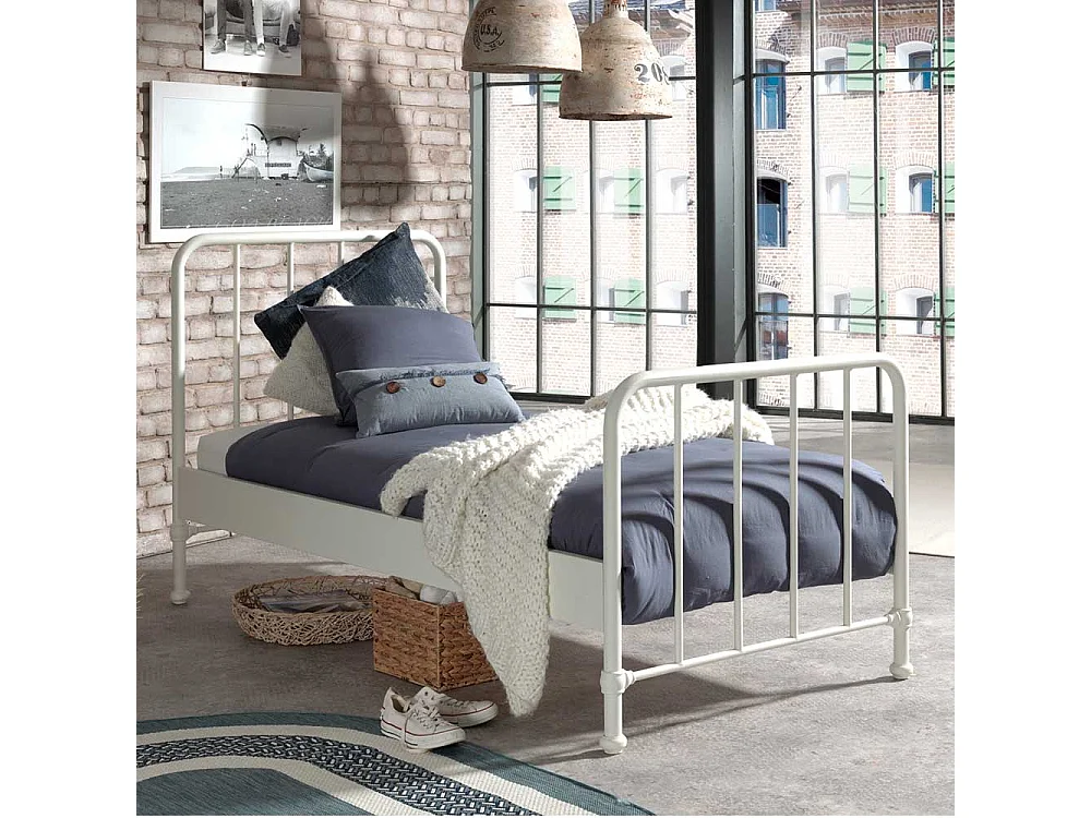 Retro Einzelbett aus Metall Weiß pulverbeschichtet