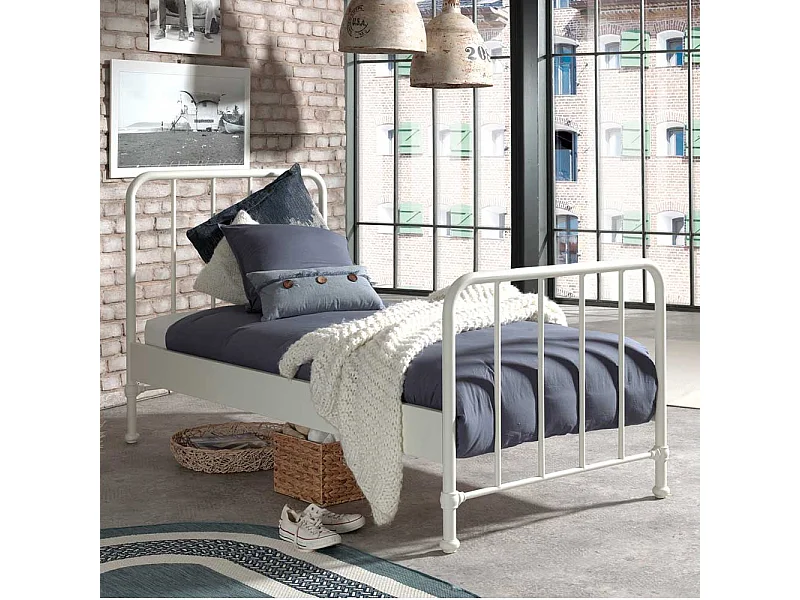 Retro Einzelbett aus Metall Weiß pulverbeschichtet