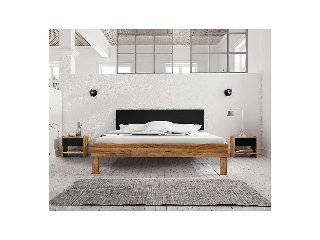 Ehebett aus Wildeiche teilmassiv Nachtkonsolen (dreiteilig)