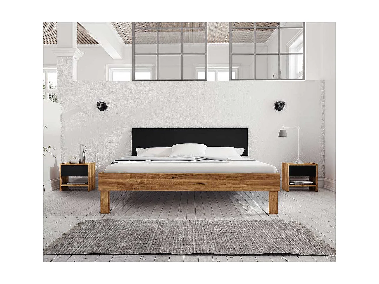 Ehebett aus Wildeiche teilmassiv Nachtkonsolen (dreiteilig)