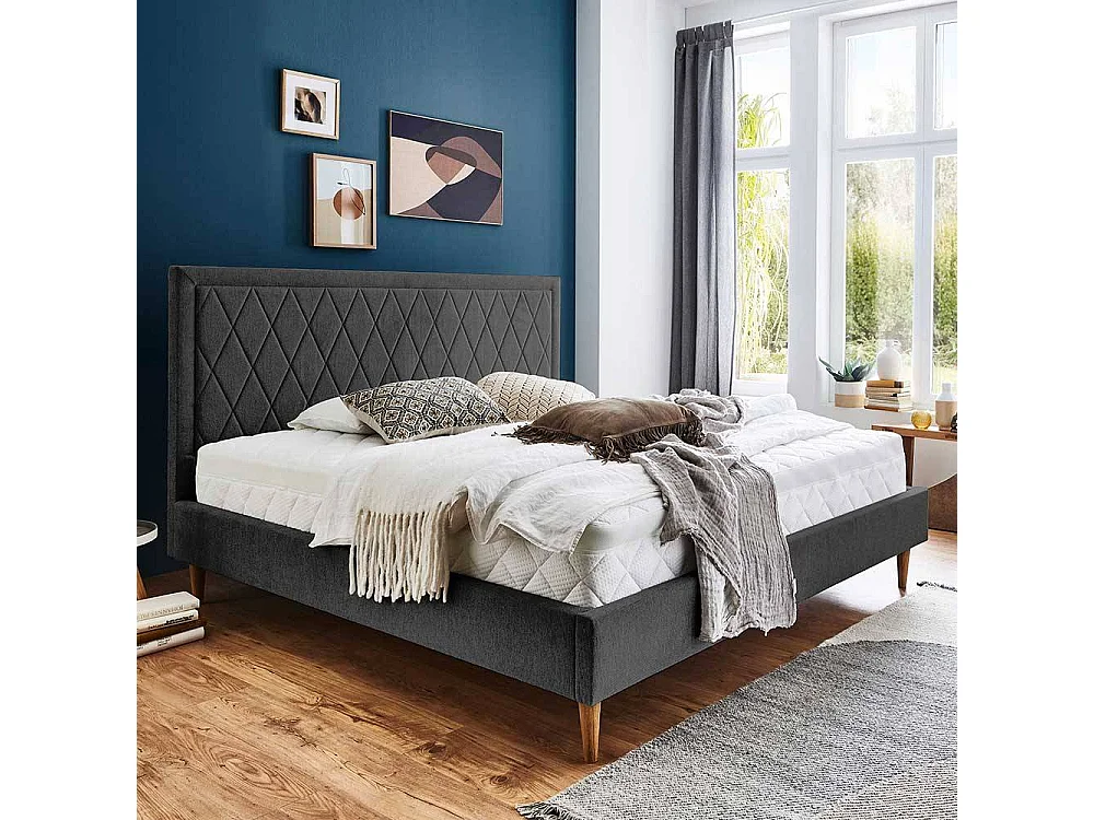 Polsterbett Anthrazit Doppelbett aus Webstoff Vierfußgestell aus Holz