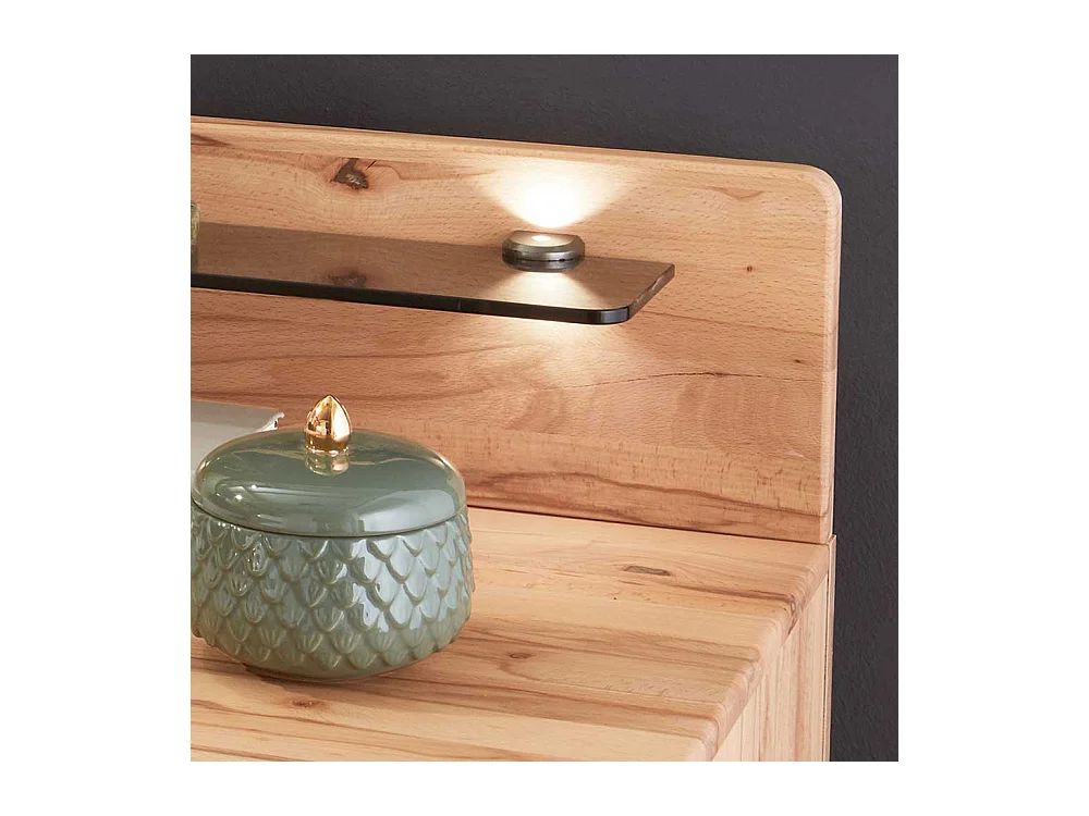 Großes Bett aus Kernbuche Massivholz Kunstleder in Beige (dreiteilig)