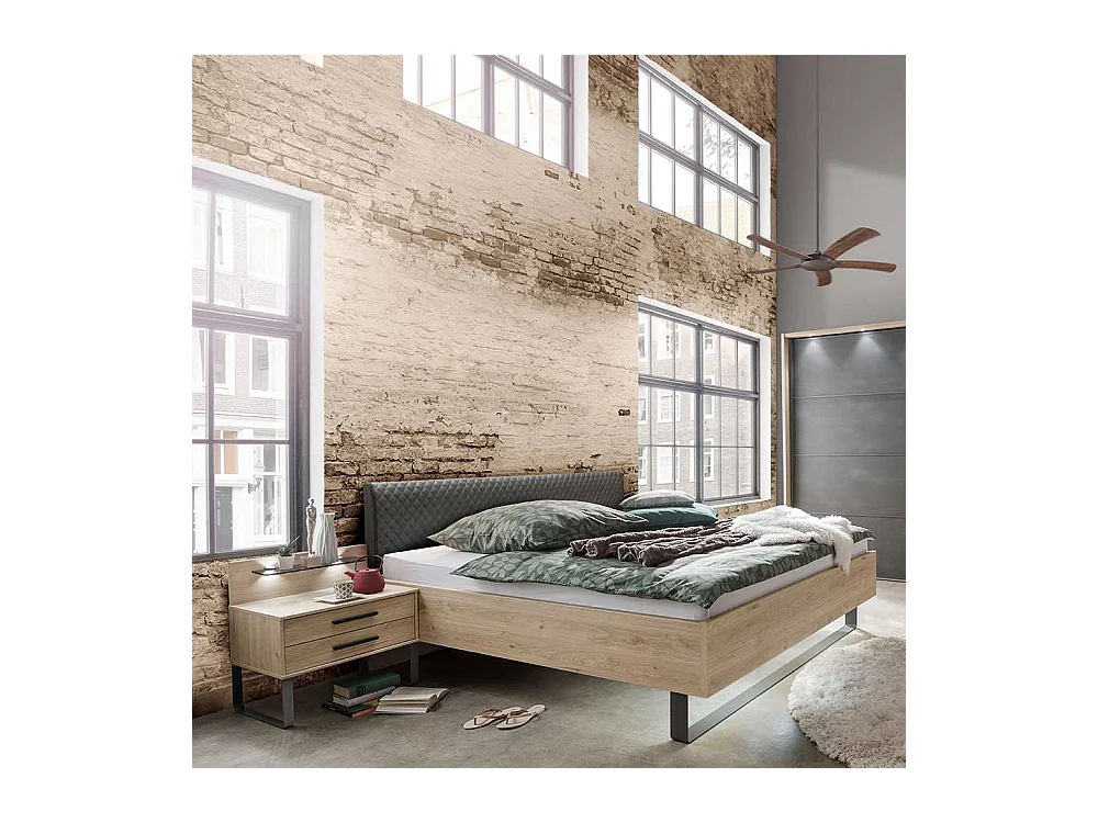 Großes Bett in Eichefarben und Dunkelgrau LED Beleuchtung (dreiteilig)