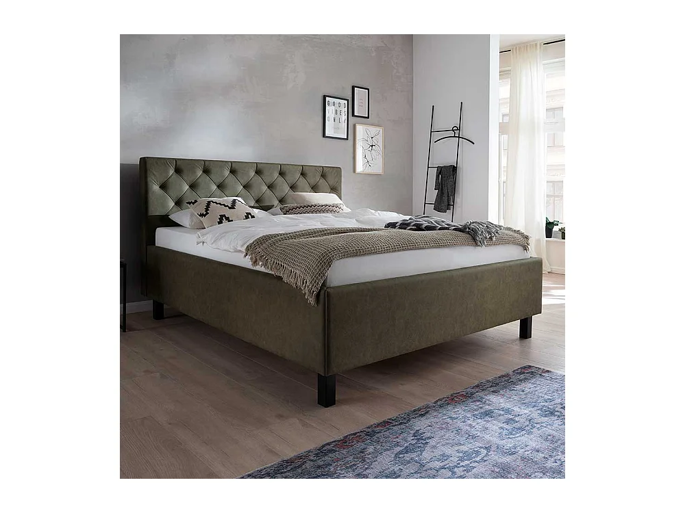 Gepolstertes Bett in Oliv Grün Gestell aus Holz