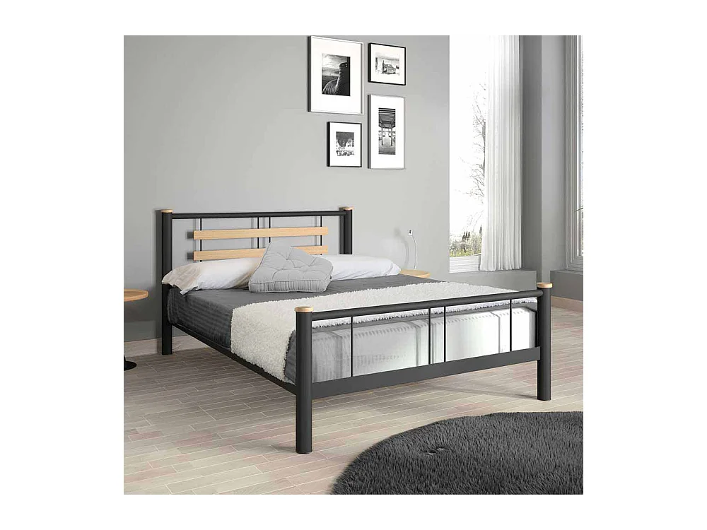 Jugendbett in Schwarz Metall Eiche Massivholz