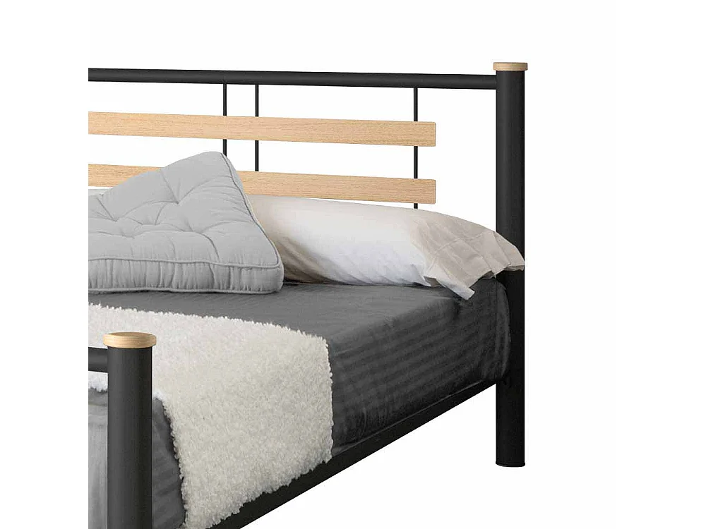 Jugendbett in Schwarz Metall Eiche Massivholz