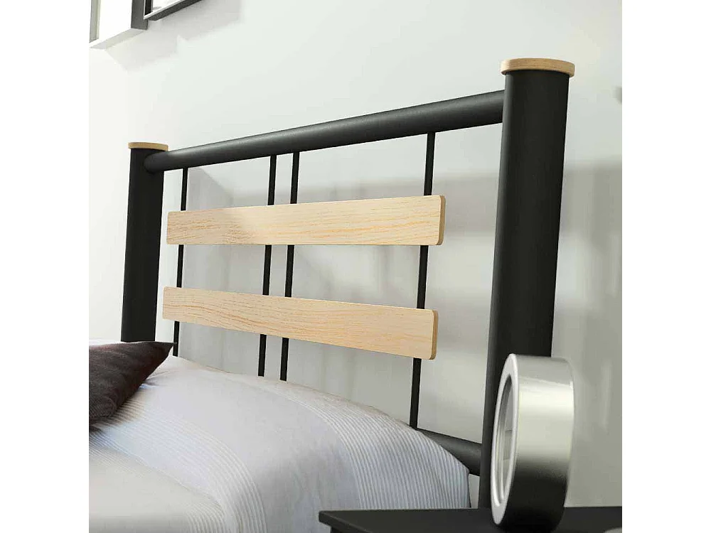 Jugendbett in Schwarz Metall Eiche Massivholz