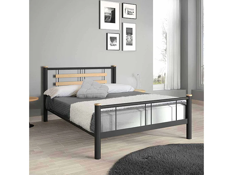 Jugendbett in Schwarz Metall Eiche Massivholz