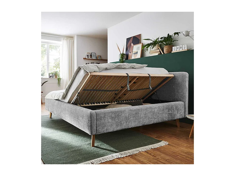 Polsterbettgestell grau mit hochklappbaren Lattenrosten 105 cm hoch