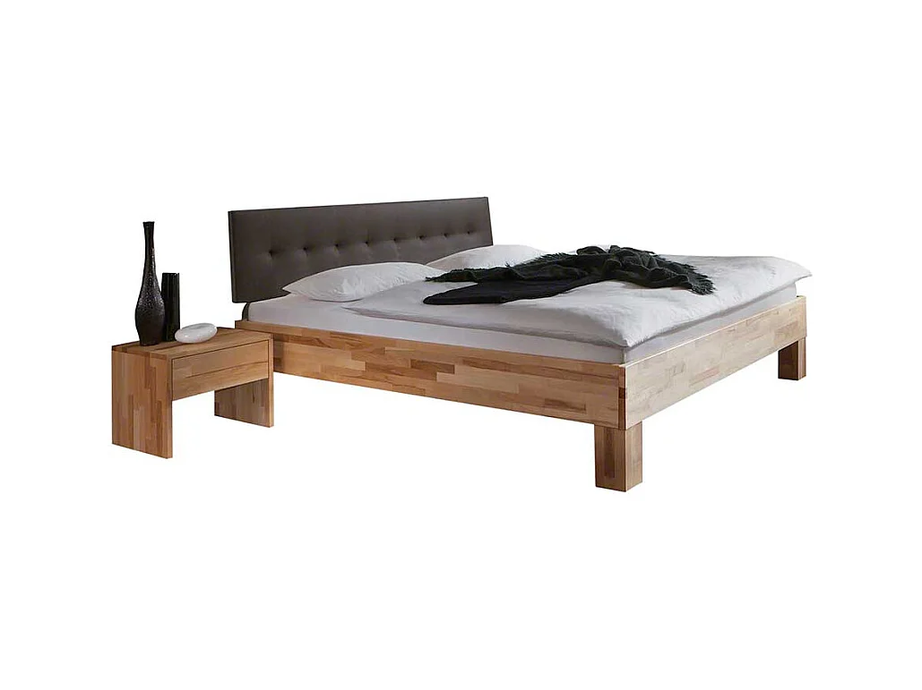 Holzbett mit Nachtkonsole Polsterkopfteil in Dunkelbraun (zweiteilig)
