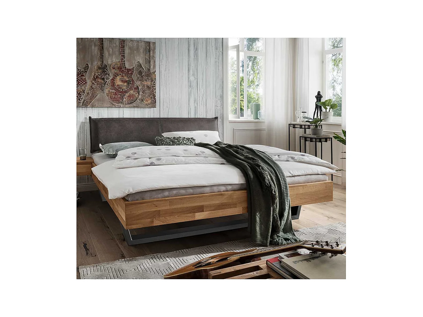 Massivholz Bett in Wildeichefarben & Anthrazit Polsterkopfteil