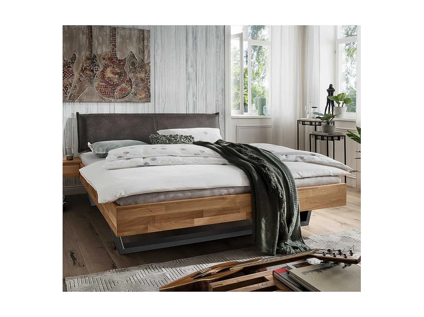 Massivholz Bett in Wildeichefarben & Anthrazit Polsterkopfteil