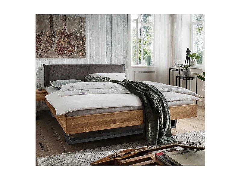 Massivholz Bett in Wildeichefarben & Anthrazit Polsterkopfteil
