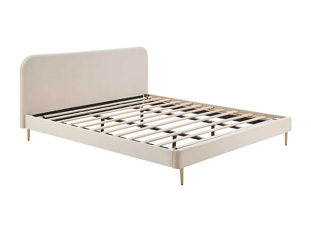 Samt Bett in Beige Vierfußgestell aus Metall Goldfarben