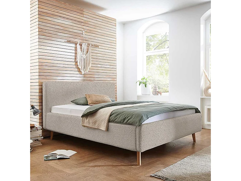 Franzoesisches Bett 140x200 cm in Beige Vierfußgestell aus Holz