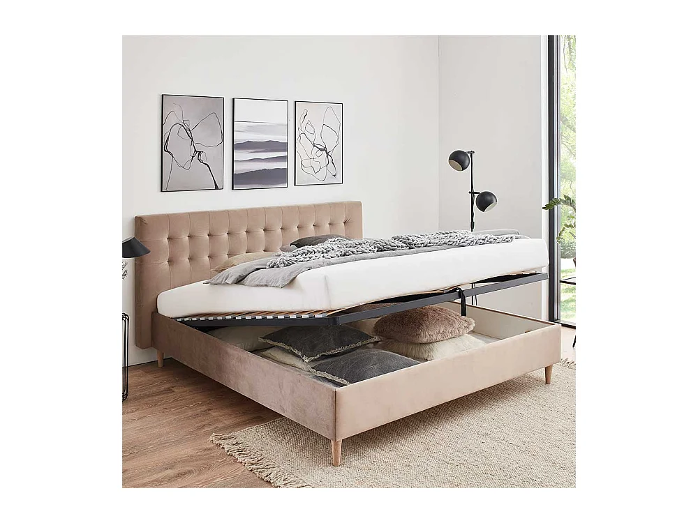 Polster Bett 140x200 cm in Taupe Samt Vierfußgestell aus Holz