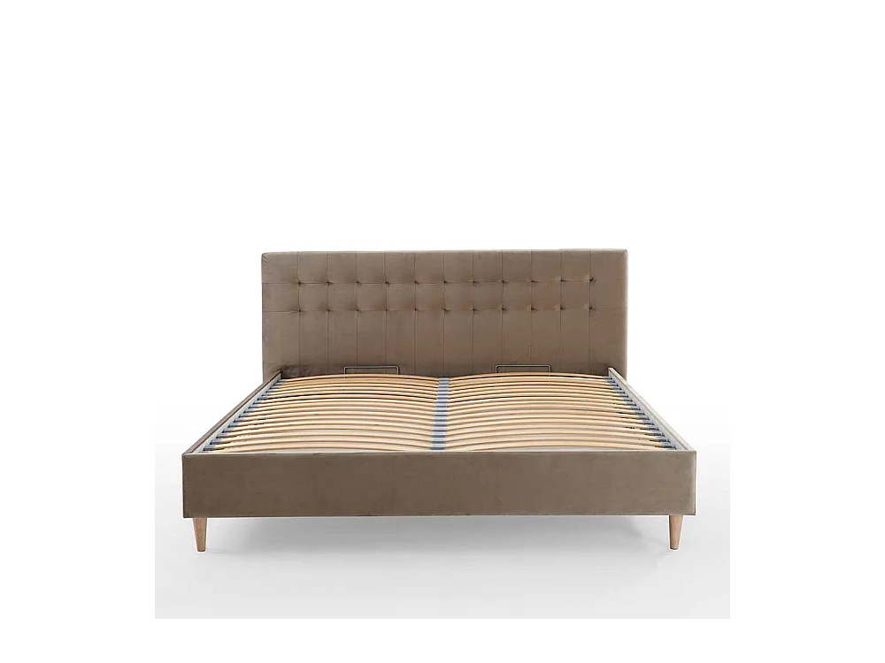 Polster Bett 140x200 cm in Taupe Samt Vierfußgestell aus Holz