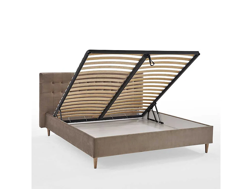Polster Bett 140x200 cm in Taupe Samt Vierfußgestell aus Holz